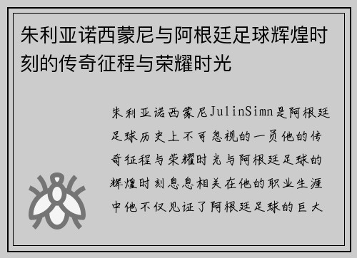 朱利亚诺西蒙尼与阿根廷足球辉煌时刻的传奇征程与荣耀时光